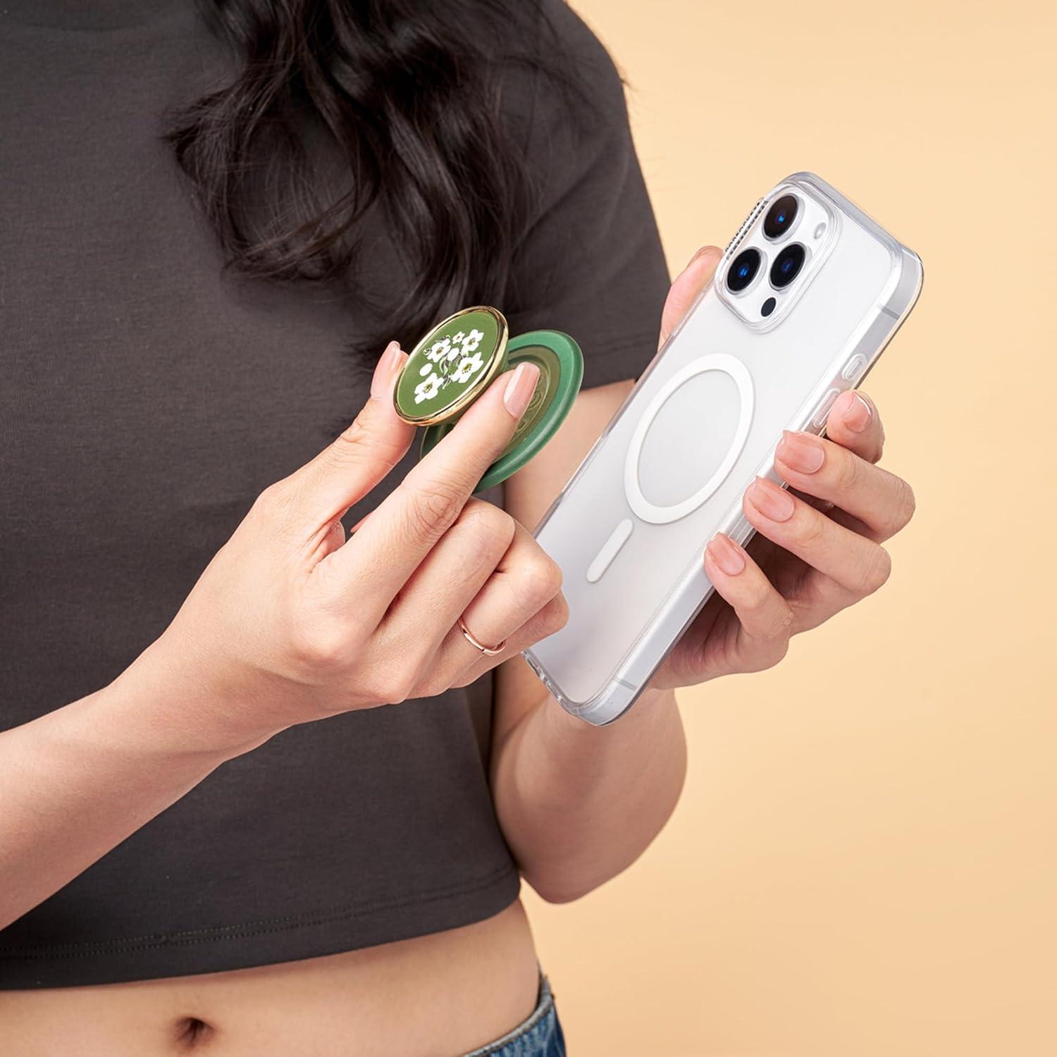 imagePopSockets Phone Grip for MagSafe with Kickstand Magnetic Stand Swappable Top Secure Hold for iPhone MagSafe Cases Phone amp Tablet Grip Enamel Lace Blue VermeerFloral Relief