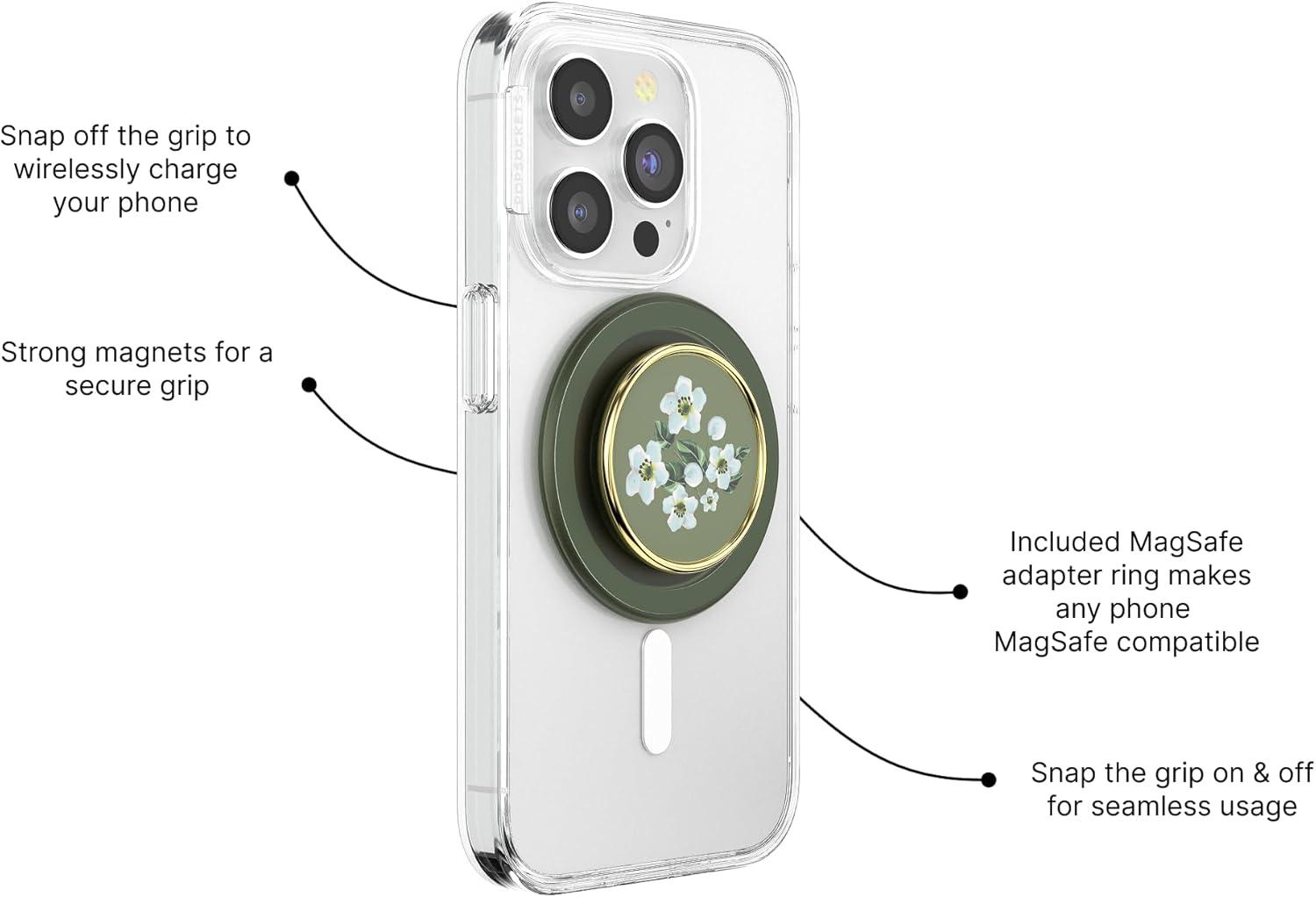 imagePopSockets Phone Grip for MagSafe with Kickstand Magnetic Stand Swappable Top Secure Hold for iPhone MagSafe Cases Phone amp Tablet Grip Enamel Lace Blue VermeerFloral Relief