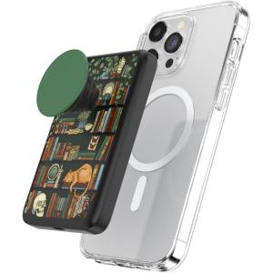 PopSockets PowerPack for MagSafe, Portable Phone Charger, Magnetic Wireless Portable Charger, 5000mAh, Halloween PopSocket – Spooky Book Club(Storied Shelves)
