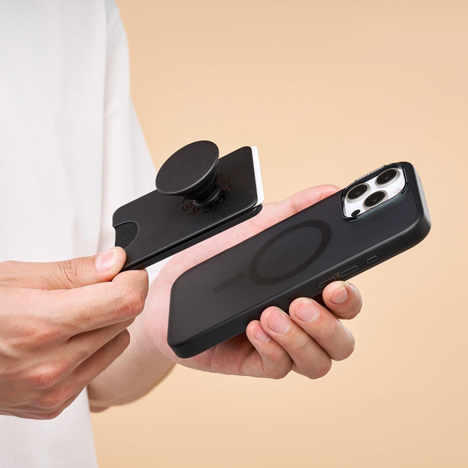 imagePopSockets Phone Wallet with Expanding Grip and Adapter Ring for MagSafe Phone Card Holder Wireless Charging Compatible Wallet Compatible with MagSafe FatigueBlack