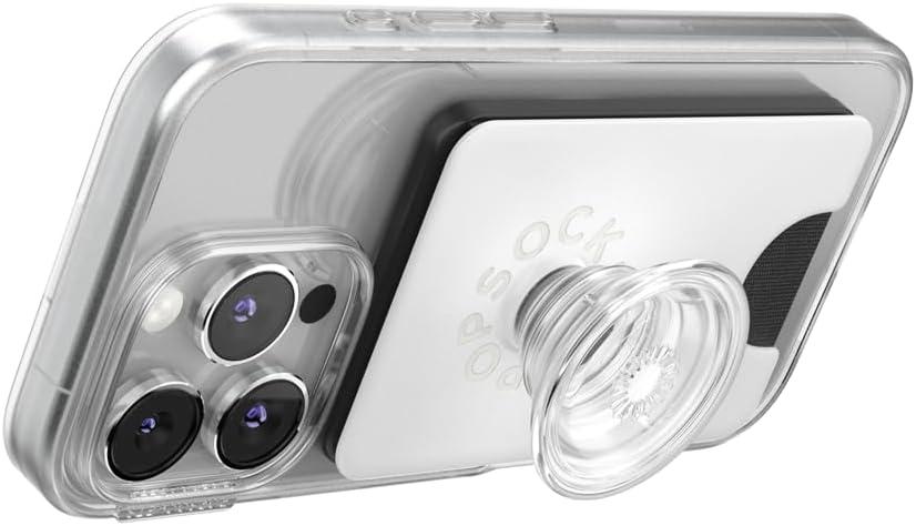 imagePopSockets Phone Wallet with Expanding Grip and Adapter Ring for MagSafe Phone Card Holder Wireless Charging Compatible Wallet Compatible with MagSafe FatigueWhite Clear