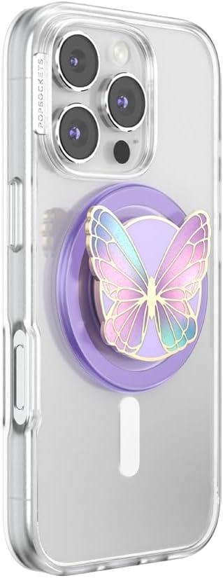 imagePopSockets Phone Grip for MagSafe with Kickstand Magnetic Stand Swappable Top Secure Hold for iPhone MagSafe Cases Phone amp Tablet Grip Enamel Butterfly Prism