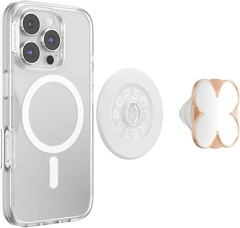 imagePopSockets Phone Grip for MagSafe with Kickstand Magnetic Stand Swappable Top Secure Hold for iPhone MagSafe Cases Phone amp Tablet Grip Enamel Clover Rose Gold