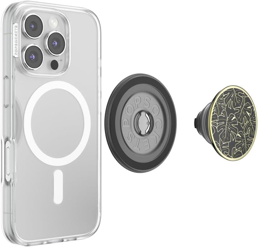 imagePopSockets Phone Grip for MagSafe with Kickstand Magnetic Stand Swappable Top Secure Hold for iPhone MagSafe Cases Phone amp Tablet Grip Enamel Monstera Black