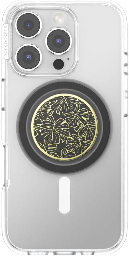 imagePopSockets Phone Grip for MagSafe with Kickstand Magnetic Stand Swappable Top Secure Hold for iPhone MagSafe Cases Phone amp Tablet Grip Enamel Monstera Black