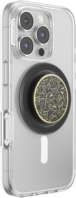 imagePopSockets Phone Grip for MagSafe with Kickstand Magnetic Stand Swappable Top Secure Hold for iPhone MagSafe Cases Phone amp Tablet Grip Enamel Monstera Black