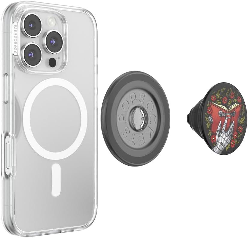 imagePopSockets Phone Grip for MagSafe with Kickstand Magnetic Stand Swappable Top Secure Hold for iPhone MagSafe Cases Phone amp Tablet Grip Enamel Luna MothReading Gauntlet Blk