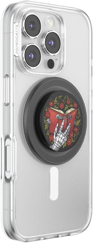 imagePopSockets Phone Grip for MagSafe with Kickstand Magnetic Stand Swappable Top Secure Hold for iPhone MagSafe Cases Phone amp Tablet Grip Enamel Luna MothReading Gauntlet Blk