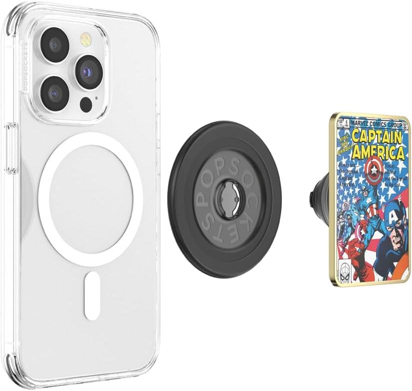 imagePopSockets Phone Grip for MagSafe with Kickstand Magnetic Stand Swappable Top Secure Hold for iPhone MagSafe Cases Phone amp Tablet Grip Marvel Enamel Captain AmericaBlack Translucent