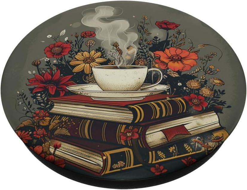 imageBooks and Coffee Lover Flower Reading Book PopSockets Adhesive PopGripAdhesive PopGrip