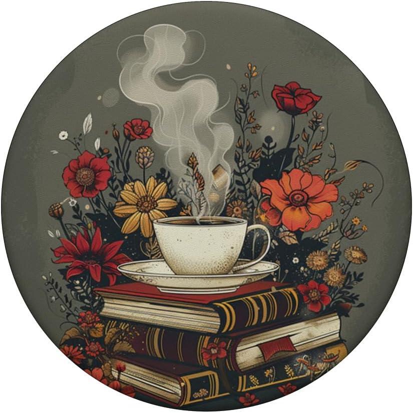 imageBooks and Coffee Lover Flower Reading Book PopSockets Adhesive PopGripAdhesive PopGrip