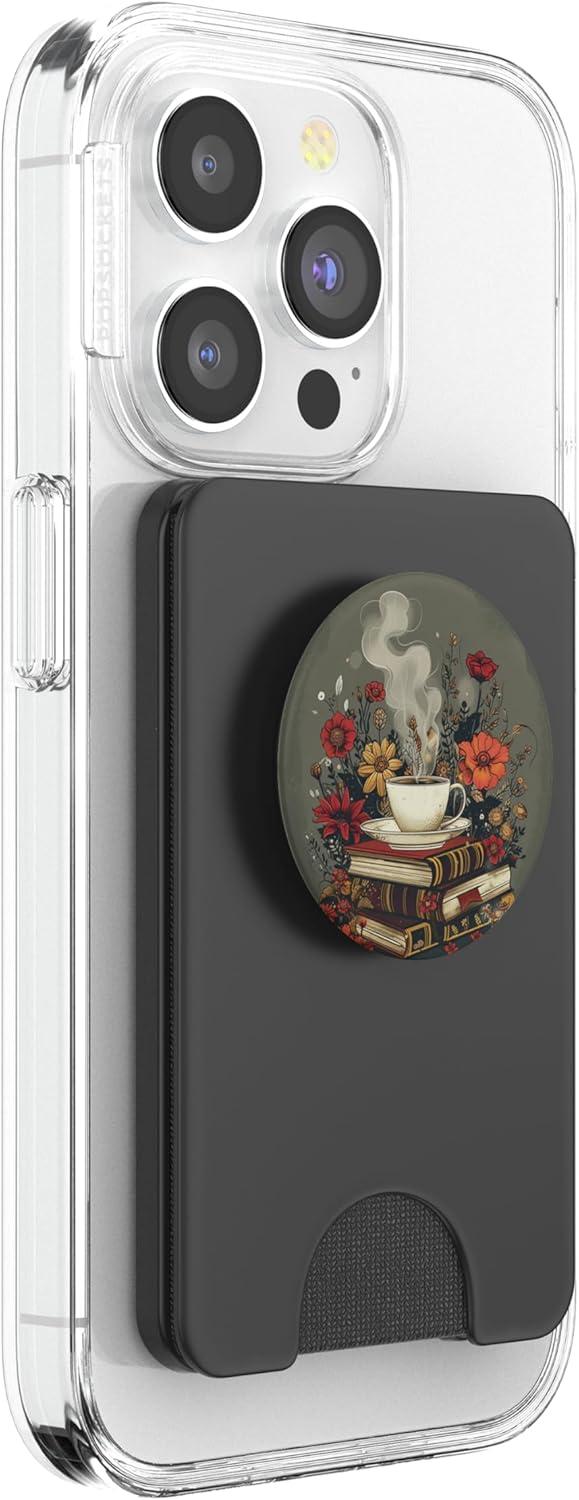 imageBooks and Coffee Lover Flower Reading Book PopSockets Adhesive PopGripMagnetic PopWallet