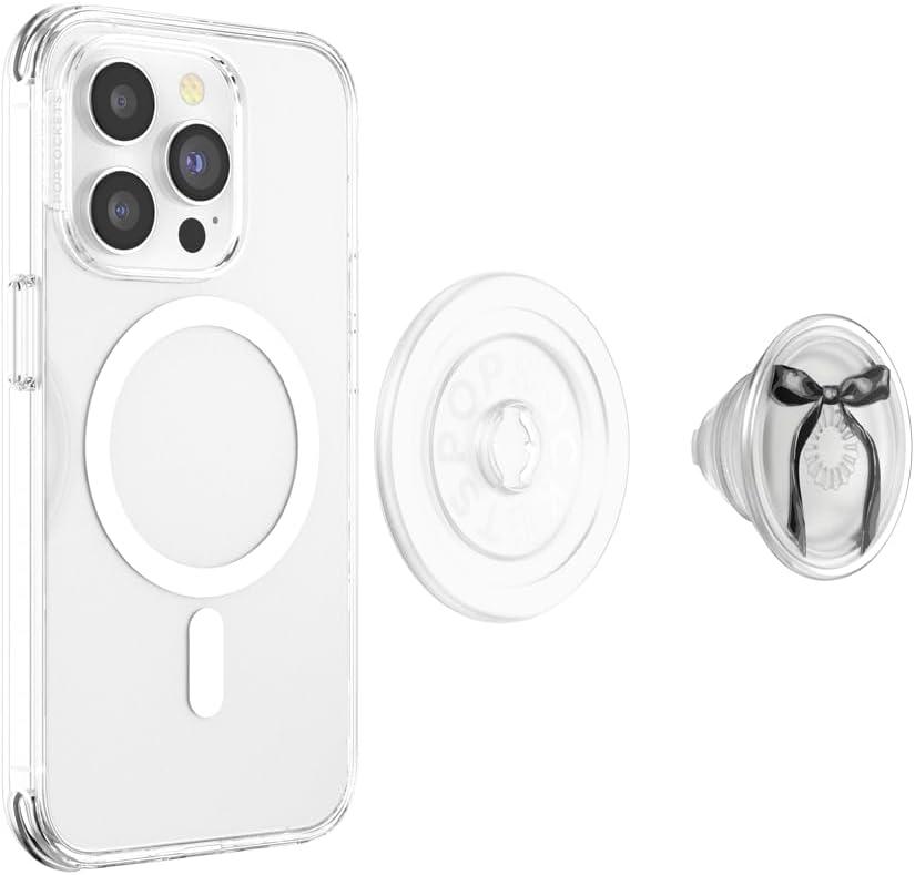 imagePopSockets Phone Grip for MagSafe with Kickstand Magnetic Stand Swappable Top Secure Hold for iPhone MagSafe Cases Phone amp Tablet Grip Enamel Heart of GoldBlack Bow