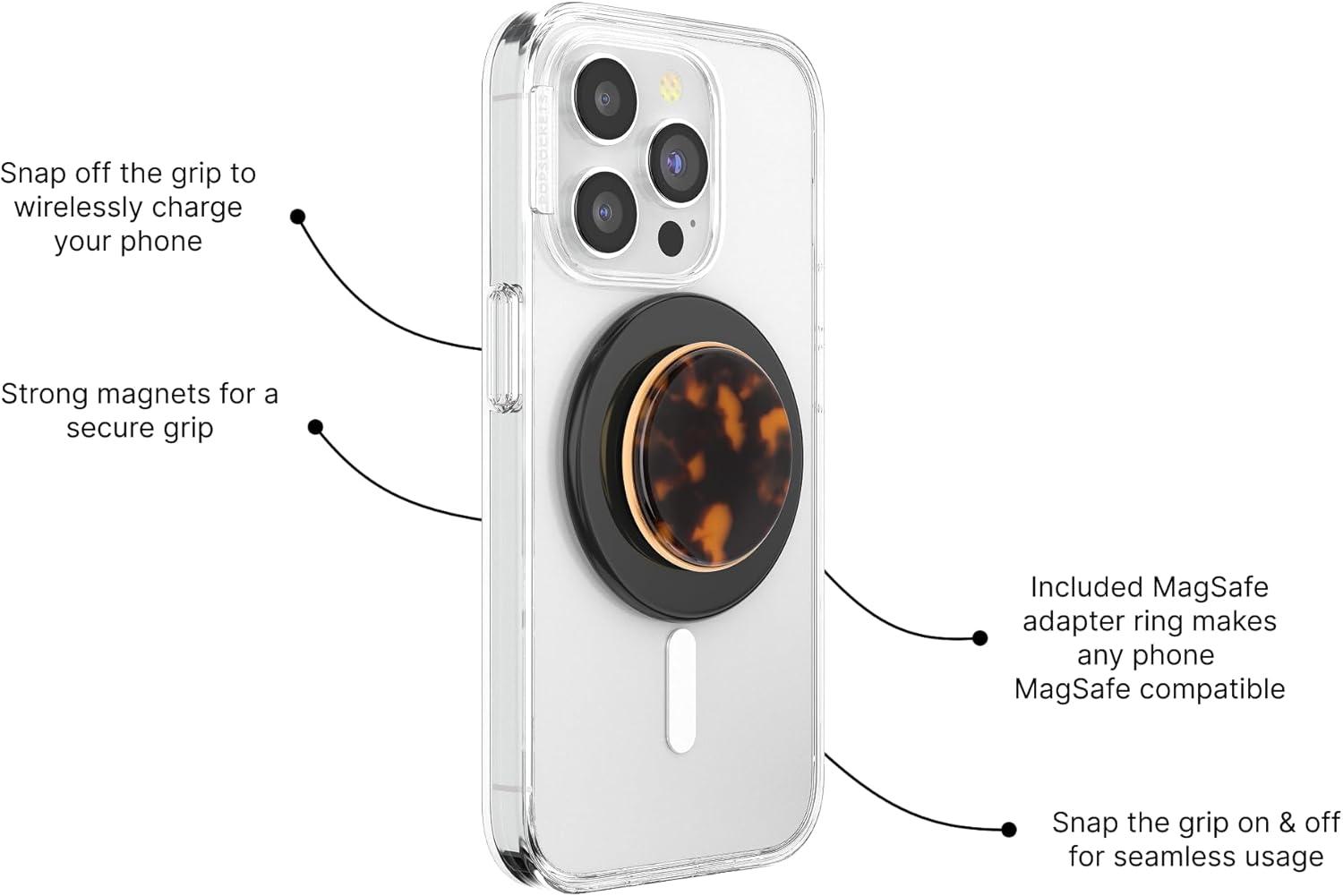 imagePopSockets Phone Grip for MagSafe with Kickstand Magnetic Stand Swappable Top Secure Hold for iPhone MagSafe Cases Phone amp Tablet Grip Cute PopSockets Curves LatteTortoise