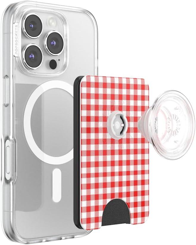 imagePopSockets Phone Wallet with Expanding Grip Phone Card Holder Wireless Charging Compatible Wallet Compatible with MagSafe Farmers MarketRosso Gingham