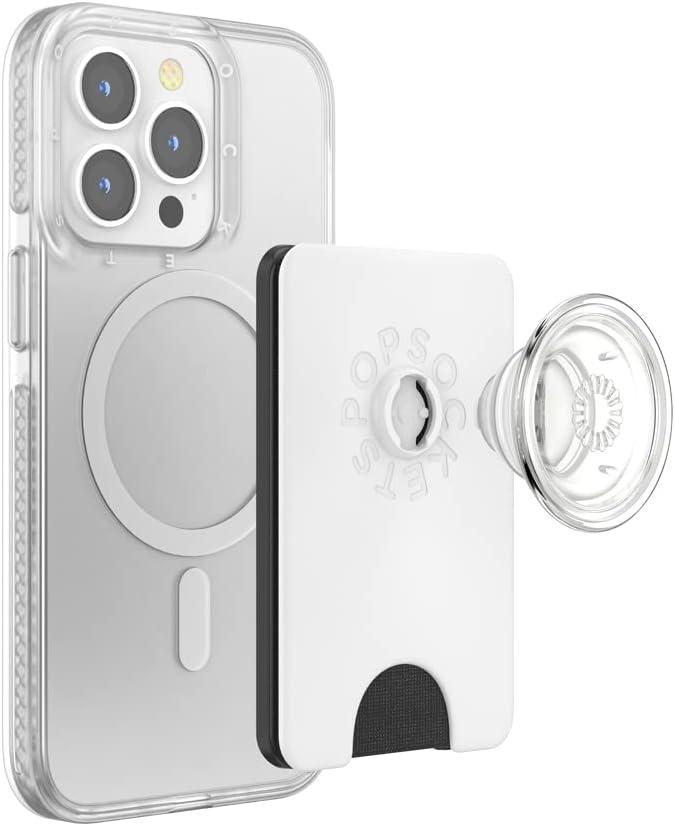 imagePopSockets Phone Wallet with Expanding Grip and Adapter Ring for MagSafe Magnetic Phone Card Holder Wireless Charging Compatible Wallet Compatible with MagSafeSamsung AurangeWhite Clear
