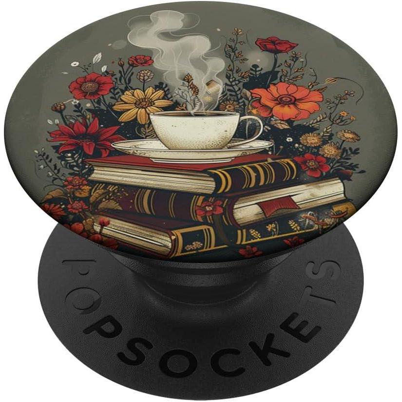 imageBooks and Coffee Lover Flower Reading Book PopSockets Adhesive PopGripAdhesive PopGrip