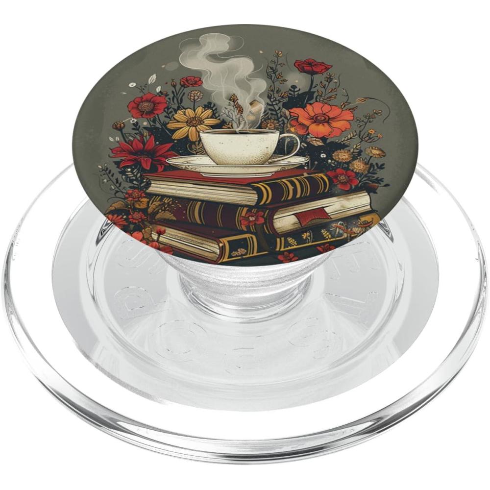 imageBooks and Coffee Lover Flower Reading Book PopSockets Adhesive PopGripMagnetic PopGrip