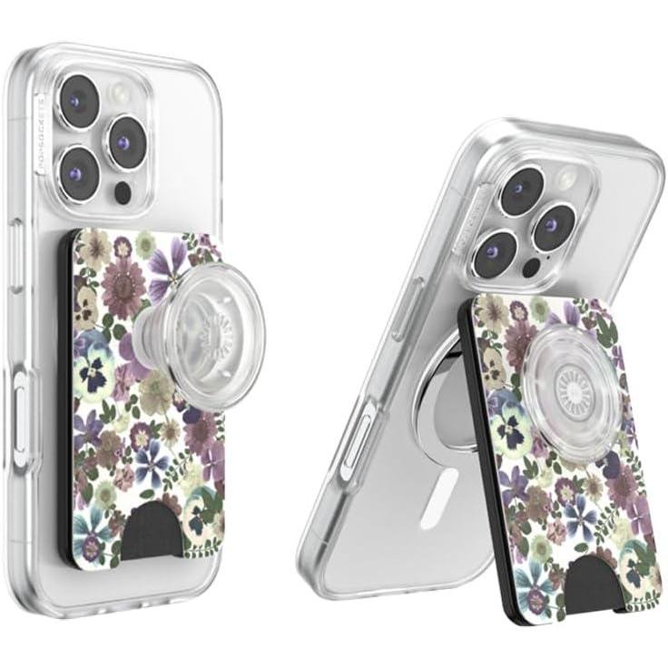 imagePopSockets Phone Wallet with Expanding Grip Phone Card Holder Wireless Charging Compatible Wallet Compatible with MagSafe  Pressed Flower
