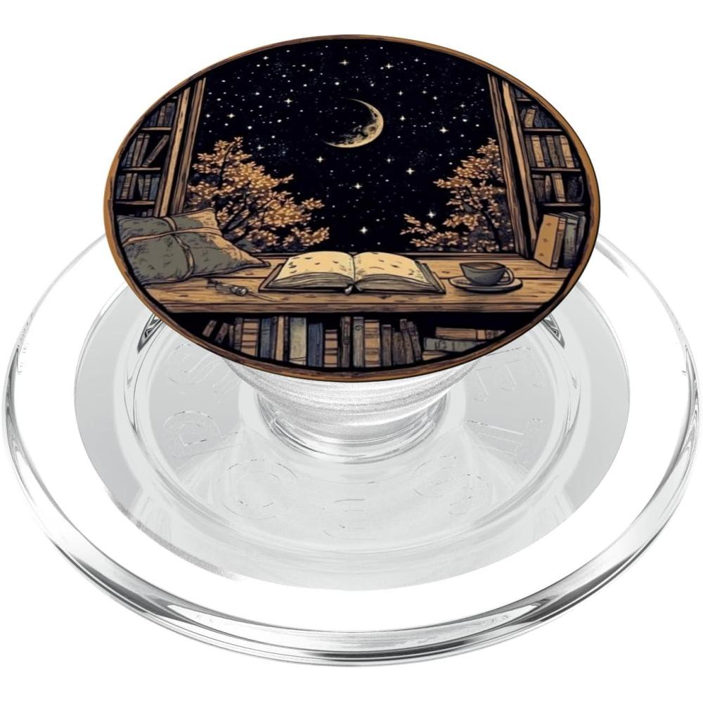 imagemarabonsDesignsForBookFans Moon Book Bookshelf Library Coffee Cup Star Stars Pattern PopSockets Adhesive PopGripMagnetic PopGrip