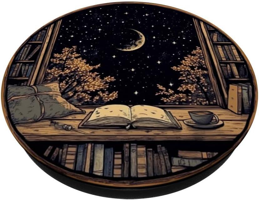 imagemarabonsDesignsForBookFans Moon Book Bookshelf Library Coffee Cup Star Stars Pattern PopSockets Adhesive PopGripAdhesive PopGrip