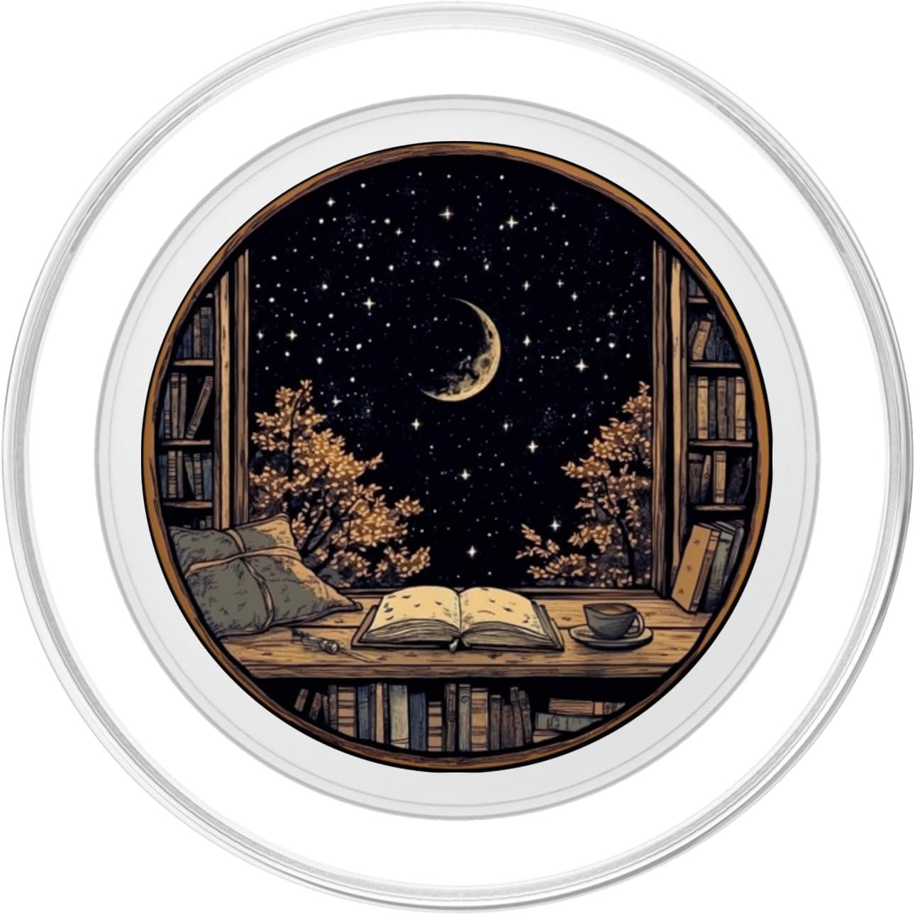 imagemarabonsDesignsForBookFans Moon Book Bookshelf Library Coffee Cup Star Stars Pattern PopSockets Adhesive PopGripMagnetic PopGrip
