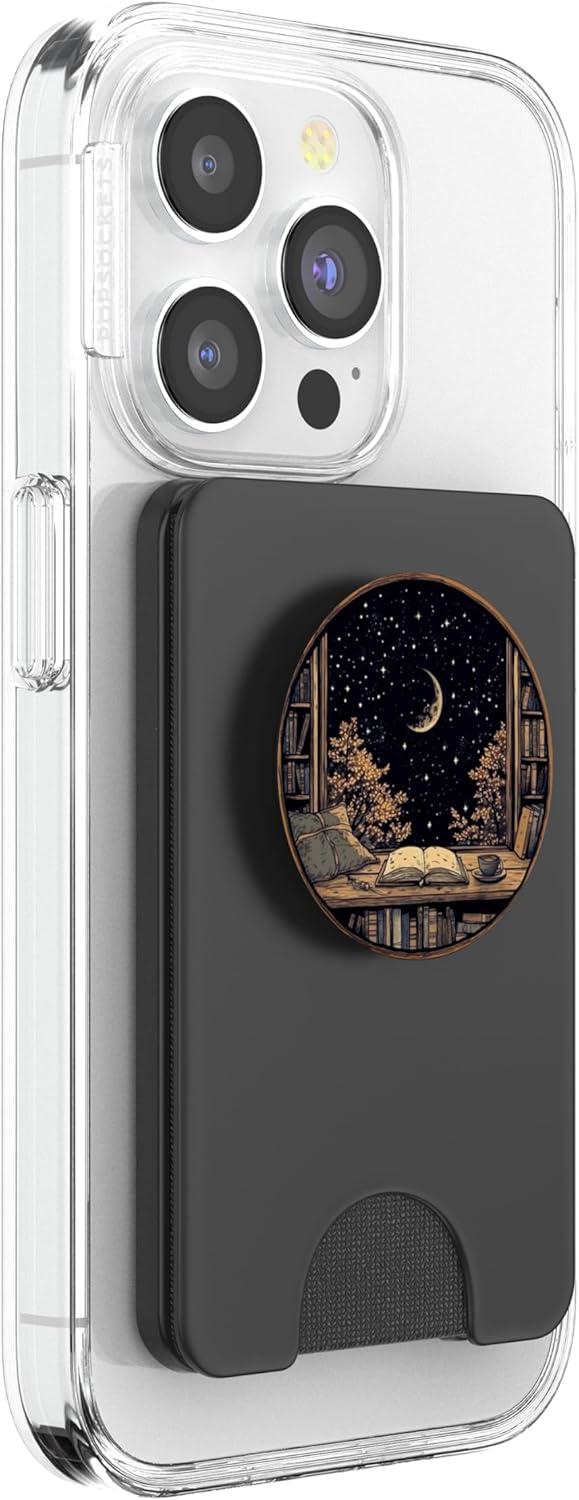 imagemarabonsDesignsForBookFans Moon Book Bookshelf Library Coffee Cup Star Stars Pattern PopSockets Adhesive PopGripMagnetic PopWallet