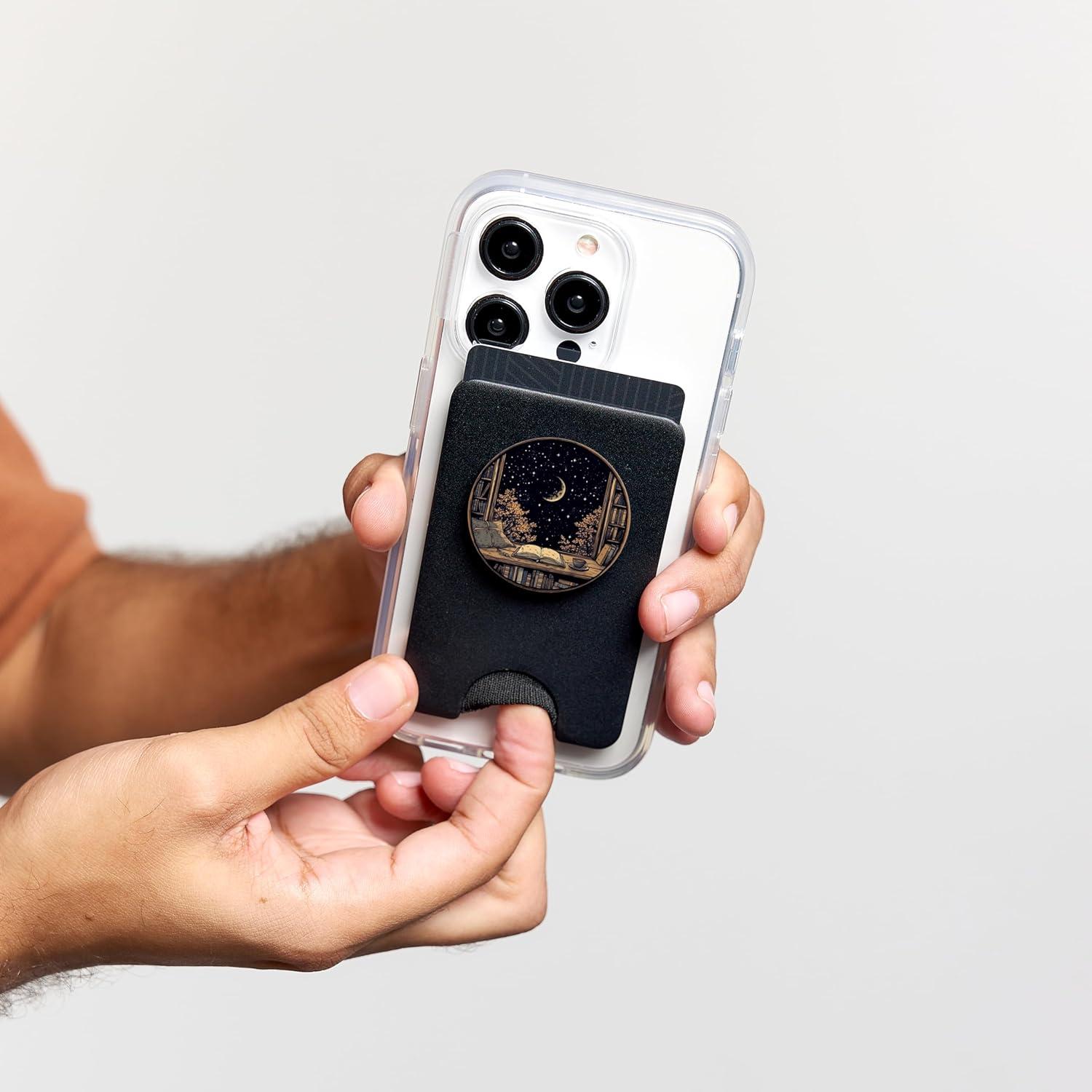 imagemarabonsDesignsForBookFans Moon Book Bookshelf Library Coffee Cup Star Stars Pattern PopSockets Adhesive PopGripMagnetic PopWallet