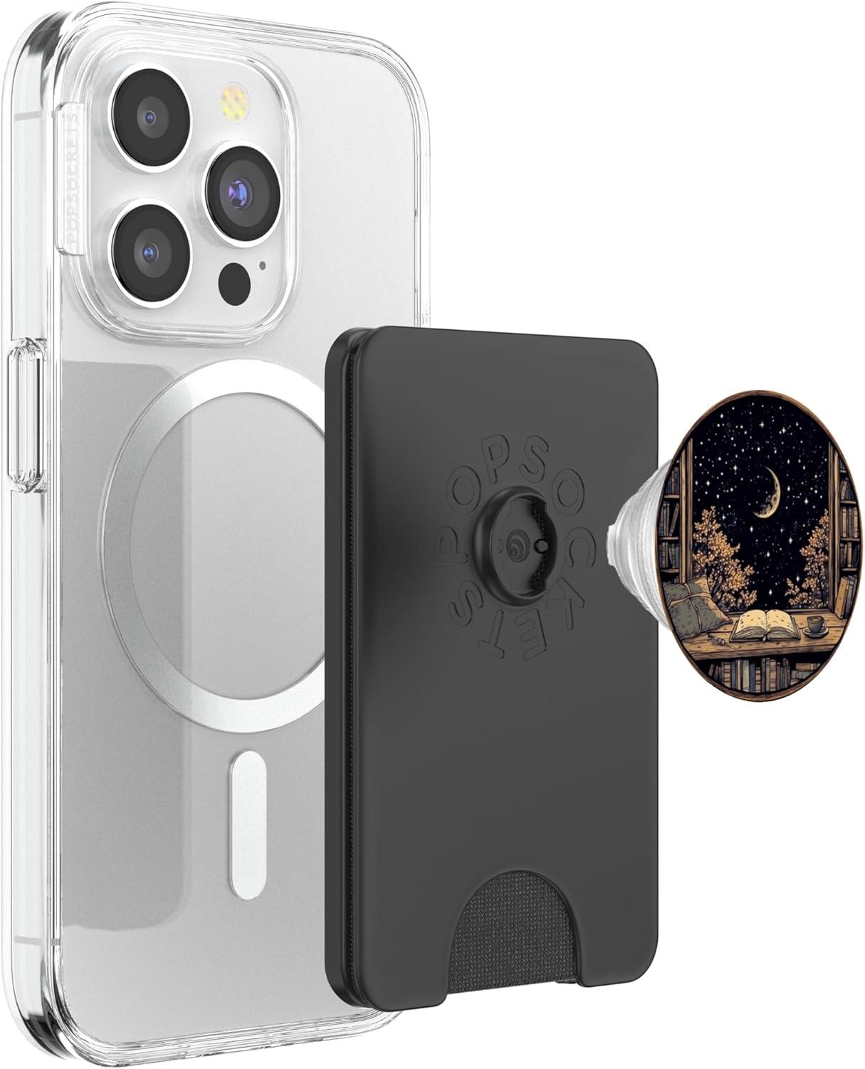 imagemarabonsDesignsForBookFans Moon Book Bookshelf Library Coffee Cup Star Stars Pattern PopSockets Adhesive PopGripMagnetic PopWallet