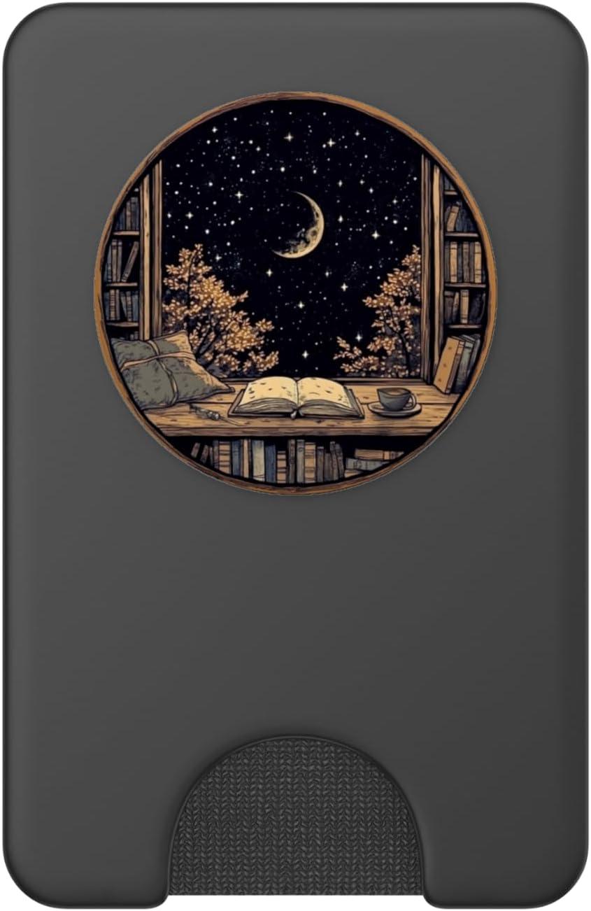 imagemarabonsDesignsForBookFans Moon Book Bookshelf Library Coffee Cup Star Stars Pattern PopSockets Adhesive PopGripMagnetic PopWallet