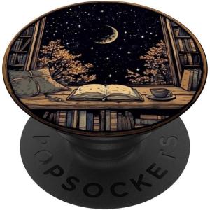 marabonsDesignsForBookFans Moon Book Bookshelf Library Coffee Cup Star Stars Pattern PopSockets Adhesive PopGrip(Adhesive PopGrip)