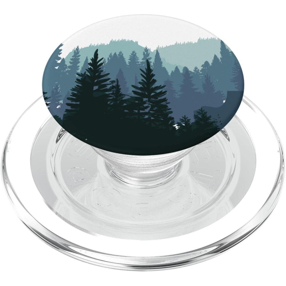 imagePine Tree Mountain Scene Teal Forest Pattern for Women Men PopSockets PopGrip for MagSafeMagnetic PopGrip