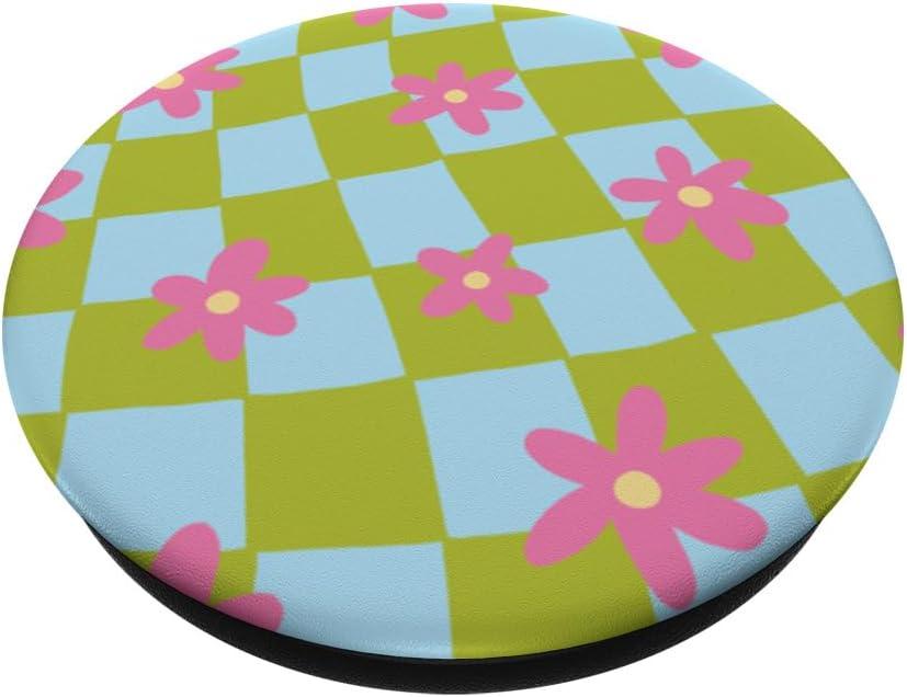 imagePopSockets Phone Grip Wavy Floral Green Checker PopSockets PopGrip for MagSafeAdhesive PopGrip