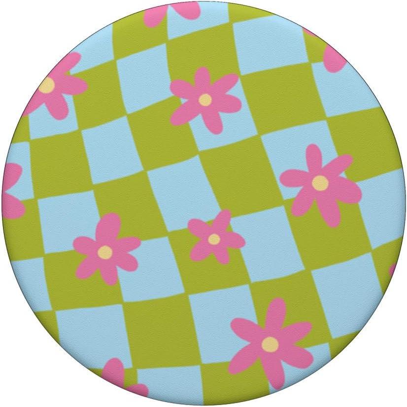 imagePopSockets Phone Grip Wavy Floral Green Checker PopSockets PopGrip for MagSafeAdhesive PopGrip