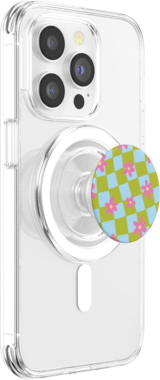 imagePopSockets Phone Grip Wavy Floral Green Checker PopSockets PopGrip for MagSafeMagnetic PopGrip