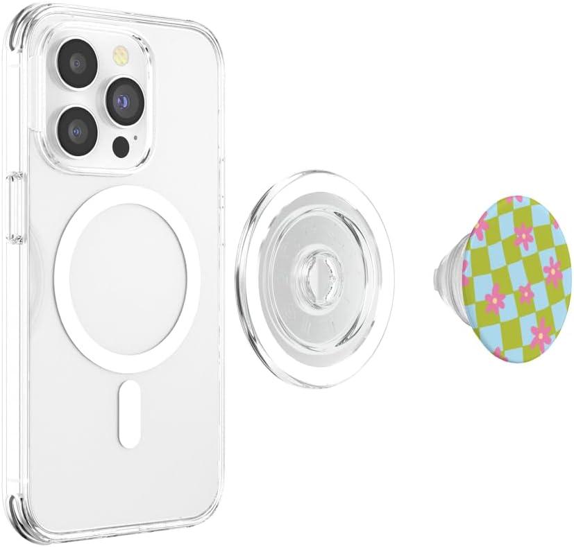 imagePopSockets Phone Grip Wavy Floral Green Checker PopSockets PopGrip for MagSafeMagnetic PopGrip
