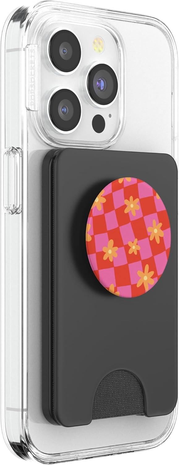 imagePopSockets Phone Grip Wavy Floral Pink Checker PopSockets PopGrip for MagSafeMagnetic PopWallet