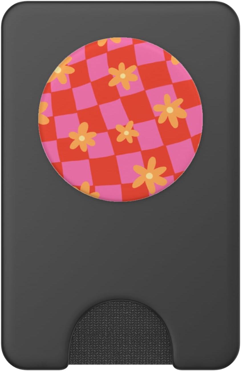 imagePopSockets Phone Grip Wavy Floral Pink Checker PopSockets PopGrip for MagSafeMagnetic PopWallet
