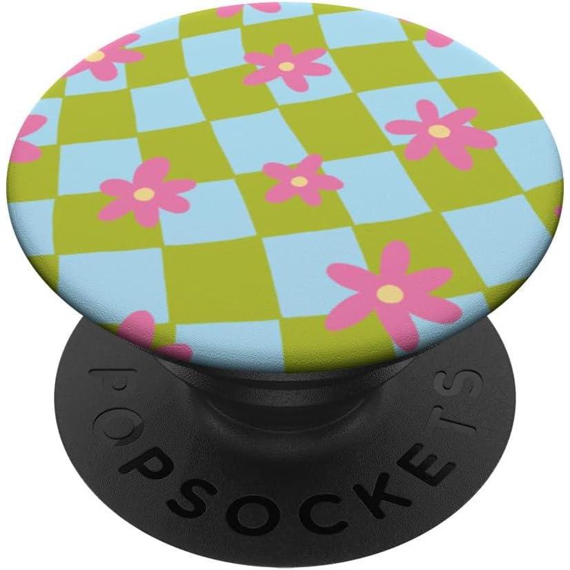 imagePopSockets Phone Grip Wavy Floral Green Checker PopSockets PopGrip for MagSafeAdhesive PopGrip