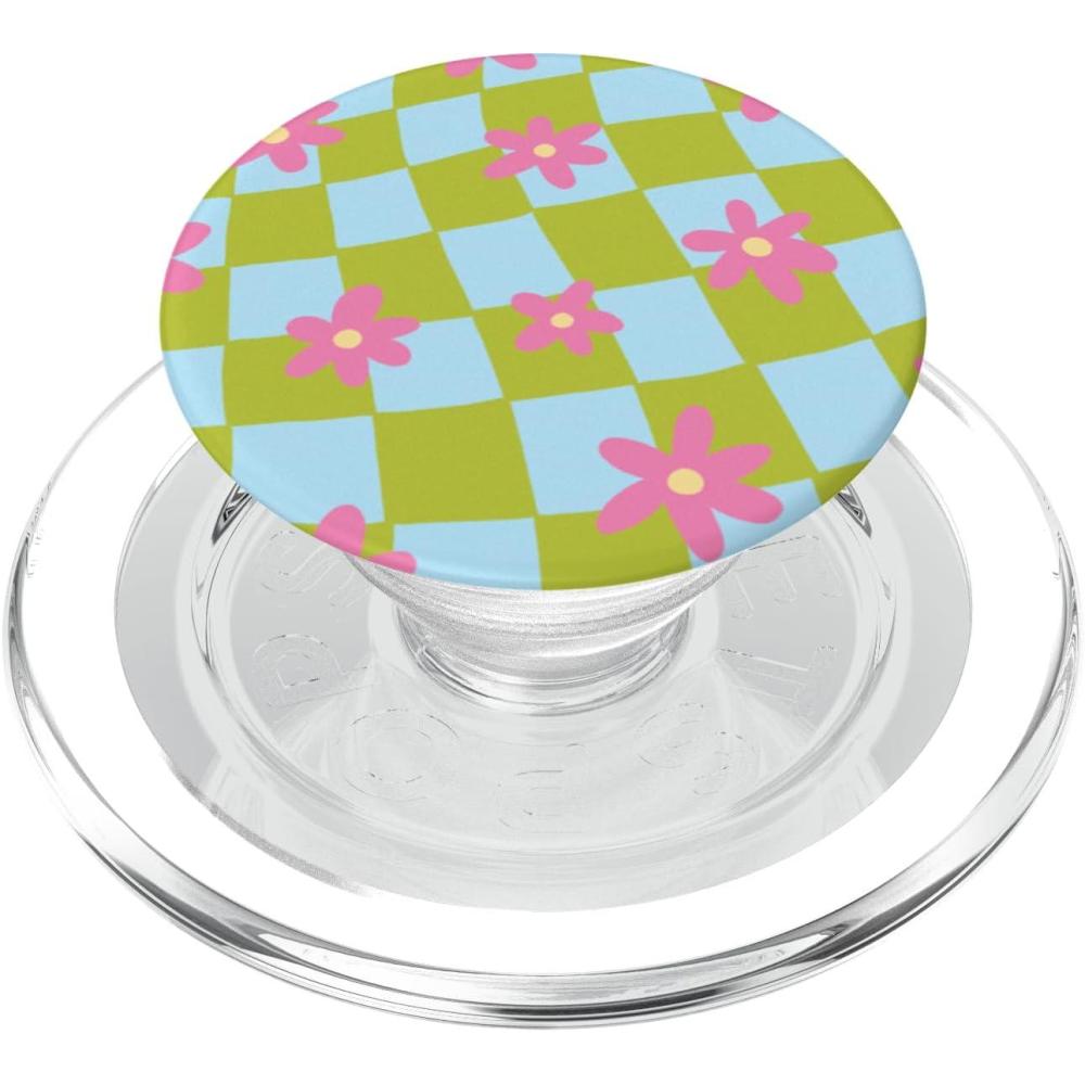imagePopSockets Phone Grip  Wavy Floral Green Checker PopSockets PopGrip for MagSafeMagnetic PopGrip