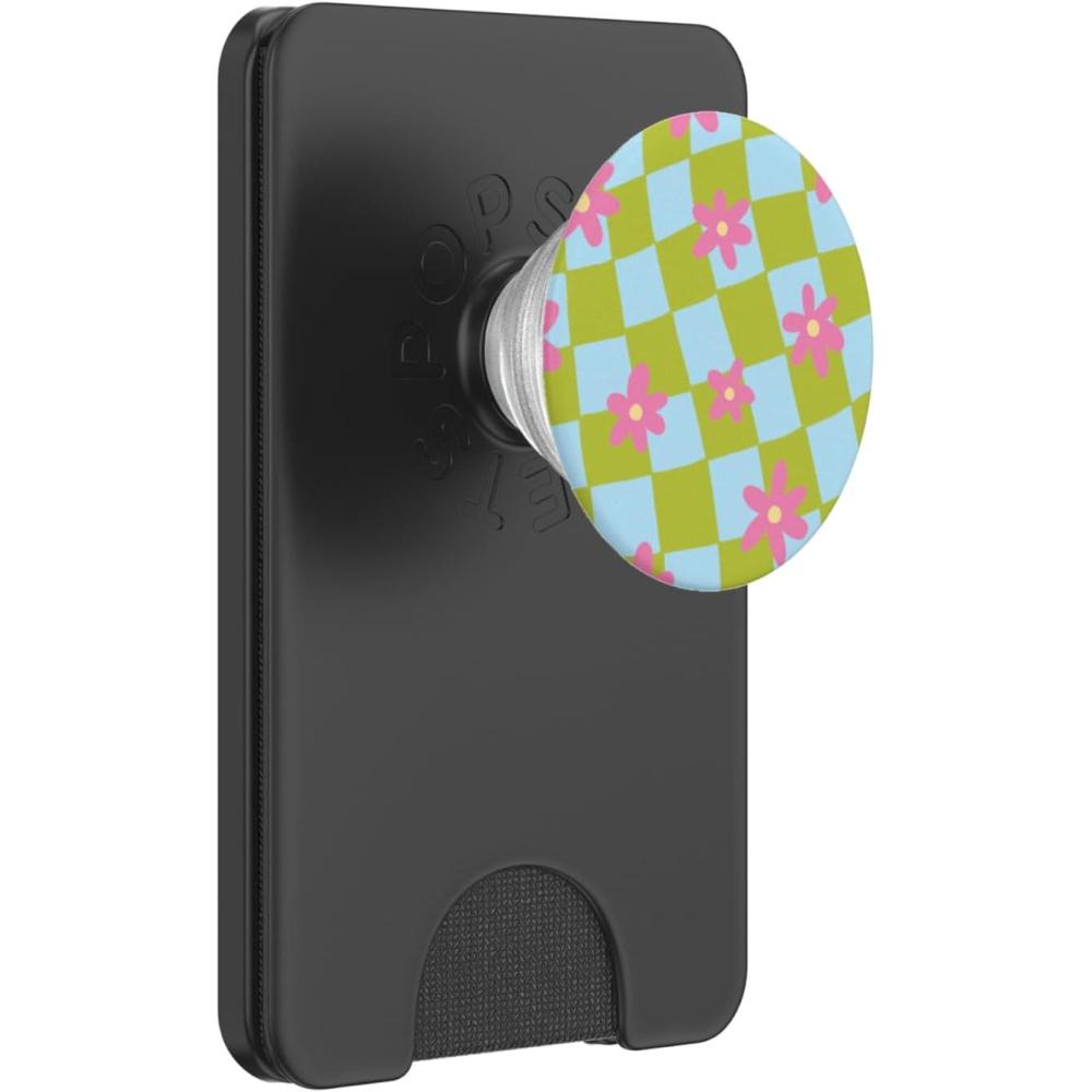 imagePopSockets Phone Grip  Wavy Floral Green Checker PopSockets PopGrip for MagSafeMagnetic PopWallet