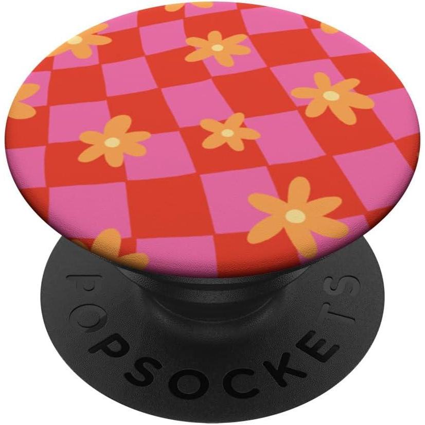imagePopSockets Phone Grip Wavy Floral Pink Checker PopSockets PopGrip for MagSafeAdhesive PopGrip