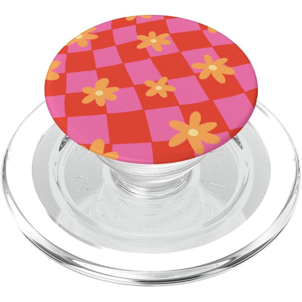 imagePopSockets Phone Grip Wavy Floral Pink Checker PopSockets PopGrip for MagSafeMagnetic PopGrip