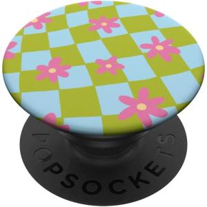 PopSockets Phone Grip – Wavy Floral Green Checker PopSockets PopGrip for MagSafe(Adhesive PopGrip)