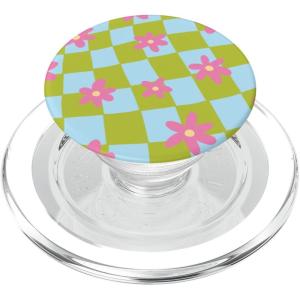 PopSockets Phone Grip – Wavy Floral Green Checker PopSockets PopGrip for MagSafe(Magnetic PopGrip)