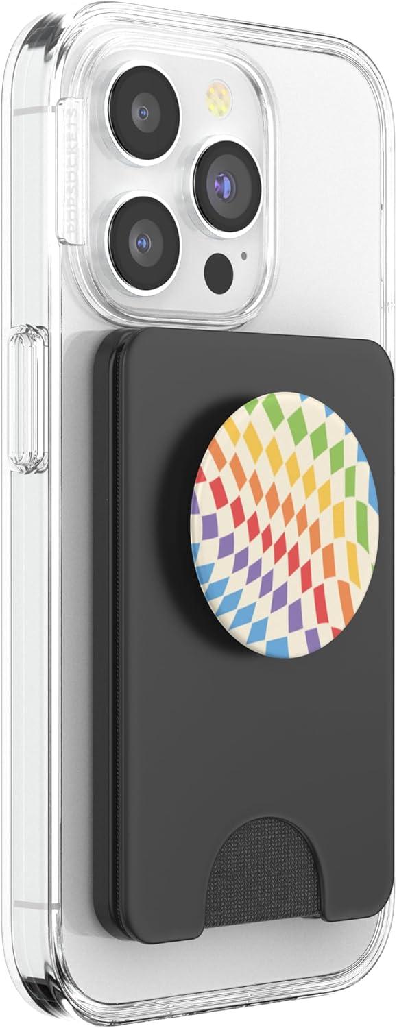 imagePopSockets Phone Grip Checker Wavy Rainbow PopSockets PopGrip for MagSafeMagnetic PopWallet