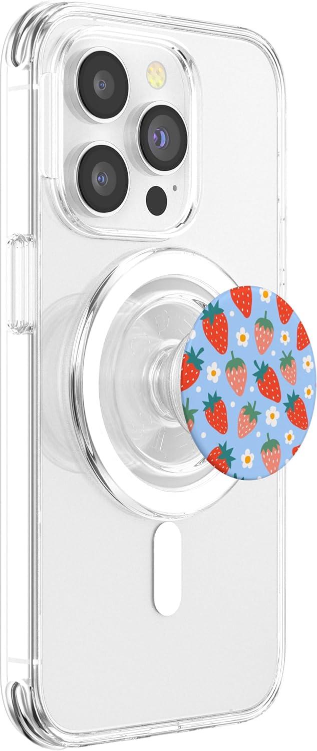 imagePopSockets Phone Grip Floral Blue Strawberry Patch PopSockets PopGrip for MagSafeMagnetic PopGrip