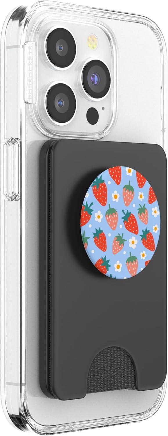 imagePopSockets Phone Grip Floral Blue Strawberry Patch PopSockets PopGrip for MagSafeMagnetic PopWallet