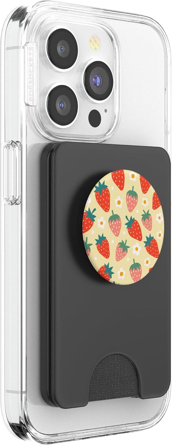 imagePopSockets Phone Grip Floral Yellow Strawberry Patch PopSockets PopGrip for MagSafeMagnetic PopWallet