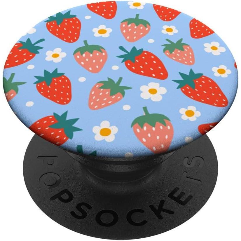 imagePopSockets Phone Grip Floral Blue Strawberry Patch PopSockets PopGrip for MagSafeAdhesive PopGrip
